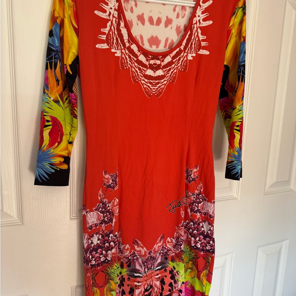 Just Cavalli Vibrant Red and Multicolor Long Sleeve Dress